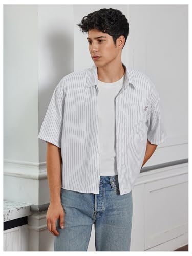 SweatyRocks Men's Striped Button Down Shirt Short Sleeve Collared Loose Fit Crop Shirt with Pocket4