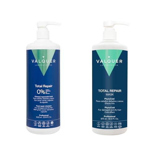 Valquer Pack Total Repair Champú Zero y Mascarilla. Repara, Suaviza y Nutre el Cabello Dañado y Seco. Hidratación Intensa con caviar verde, Vitamina E y cápsulas de algodón. Vegano. 1L + 975 ml.