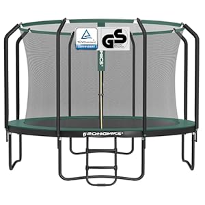 SONGMICS Trampolin 366 cm d, Gartentrampolin für Kinder mit Sicherheitsnetz, 180 cm hohe Stangen, Randabdeckung, Leiter, Stahlrahmen, schwarz-dunkelgrün STR123C01
