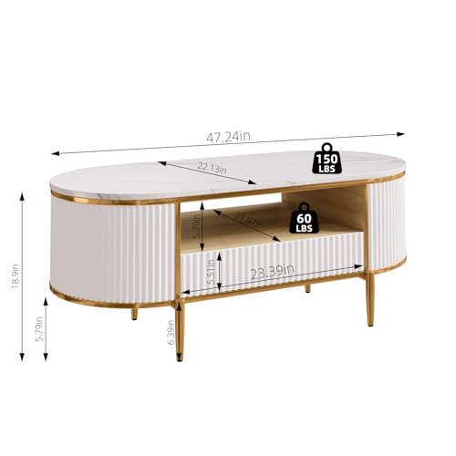 Image of Modern Fluted Coffee Table, 47.24 inch Oval Coffee Table with Drawers, Faux Marble Top, Gold Metal Decor, Center Tables for Living Room