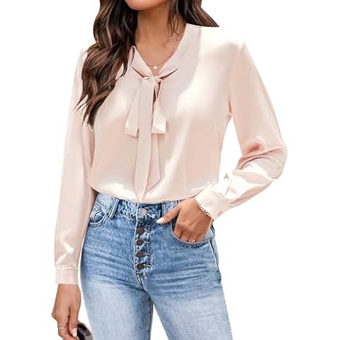 Chigant Satin Tops for Women Silk Long Sleeve Blouses Bow Tie Neck Work Casual Dressy Fashion Shirts Beige Cover