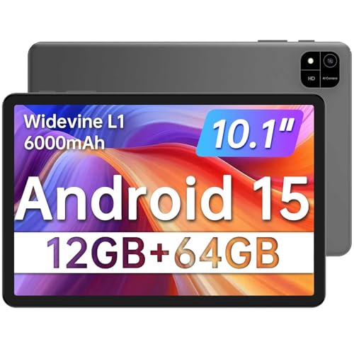 JUNINKE Tablet 10.1' Android 15 Tablet | 12GB RAM+64GB ROM｜2TB Expandable｜Netflix HD Certified｜Dual Cam+GPS+FM+WiFi｜6000mAh All-Day Battery(with Case)