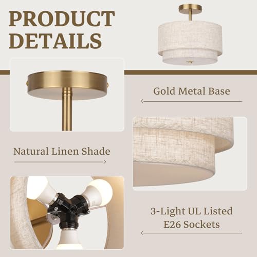 Semi Flush Mount Ceiling Light Fixture,12.6'' Gold Light Fixtures Ceiling Mount, Modern Close to Ceiling Light with 2-Layer Linen Shade,Farmhouse Drum Ceiling Light for Bedroom Hallway Living Room - Image 4