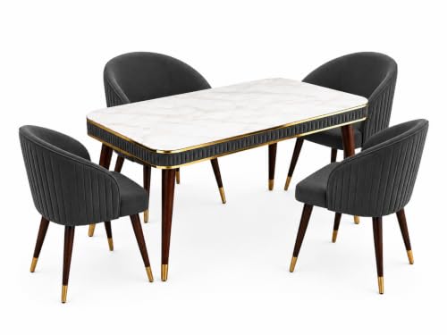 Image of WOODEN SPACE Majestic 4 Seater Wooden Dining Table Set | Urban Marble Top Dining Table with Chairs for Dining Room & Kitchen (Dark Grey Majestic Backline)