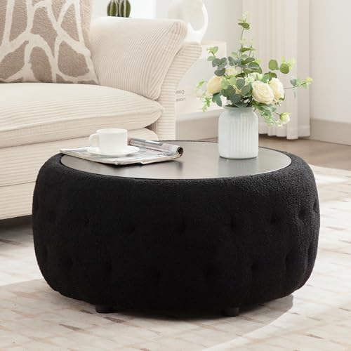 gusohey Large Round Storage Ottoman Coffee Table with Wooden Tabletop, 30.5 Inches Teddy Fleece Tufted Ottoman for Living Room, Bedroom, Apartments, Black