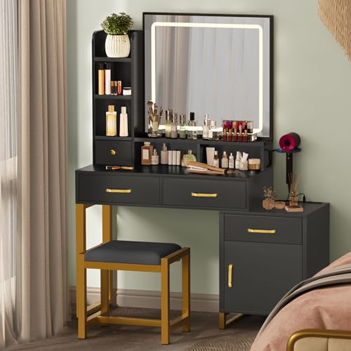 DWVO Makeup Vanity with Lights,Vanity Desk with Power Strip, Large Vanity Desk with Storage Shelves, 3 Lighting Colors, Black - Image 3