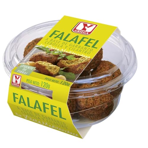 Falafel Y GRIEGA |Con Garbanzos, Cebolla y Cilantro | Crujiente y Delicioso | Rico en Proteína Vegetal | Sin Conservantes | Ideal para Veganos/Refrigerado (3 TARROS DE 120g.)