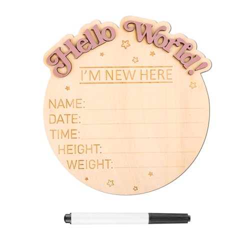 NQEUEPN Baby Announcement Sign, I'm New Here Wooden Baby Announcement Sign Hello World Newborn Sign Photography Props Welcome Baby Birth Record Decoration(Word)