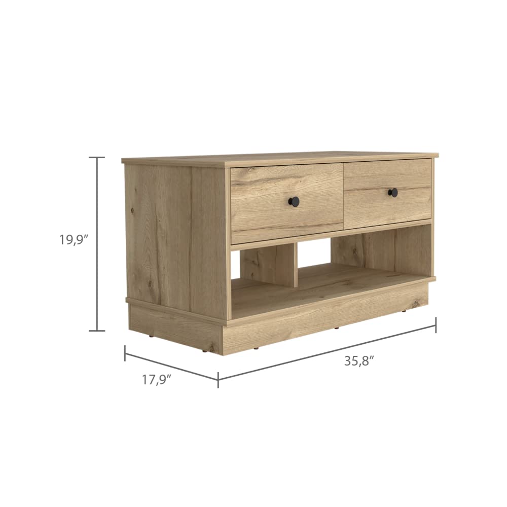 SHARK SHIP Stylish and Functional Storage Bench with Two Open Shelves and Drawers, Light Oak Finish