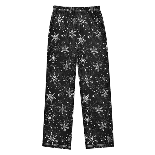 Black White Snowflakes Snow Pajama Pants Long Sleep PJ Pant Pajama Bottoms Elastic Waist Lounge Pants with 2 Pockets M