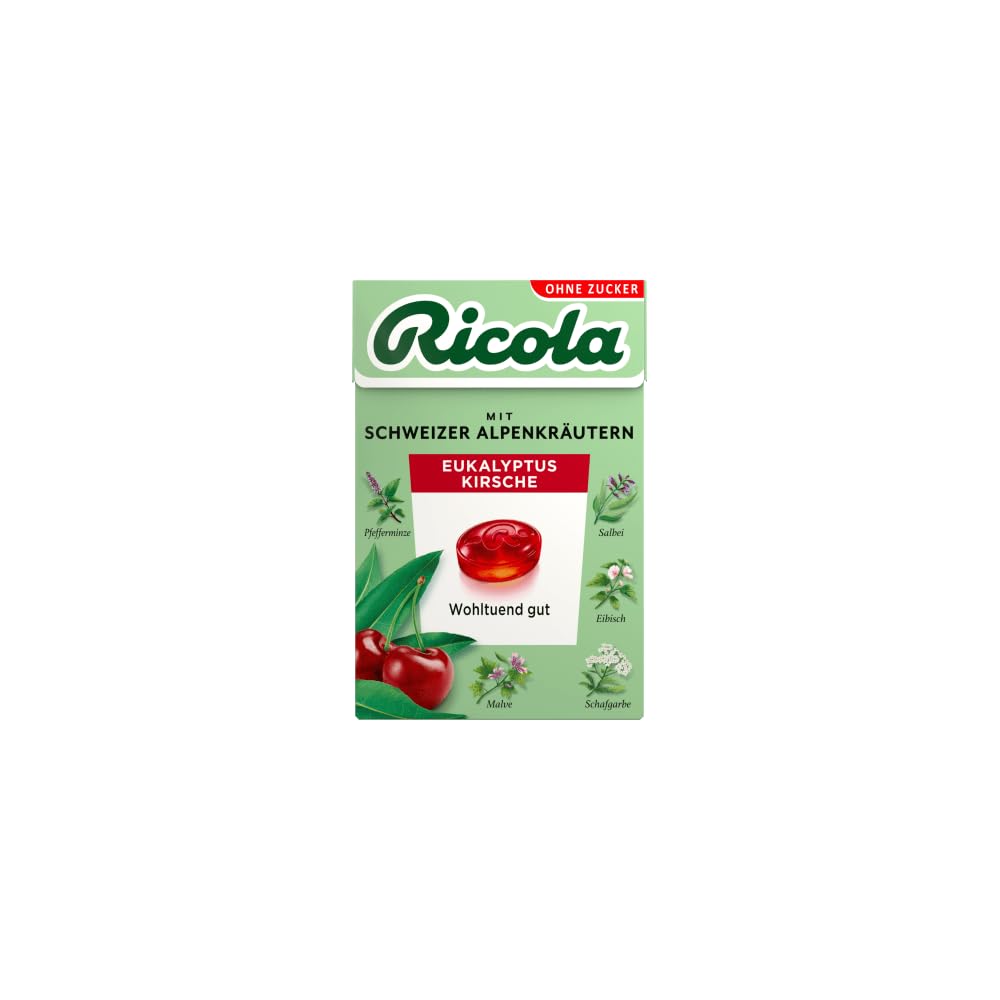 RicolaBöxli Eucalyptus Cherry, 50 g, Original Swiss Herb Sweets with 13 Alpine Herbs & Fruity Fresh Cherry, Sugar-Free, 1 x 50 g, Vegan