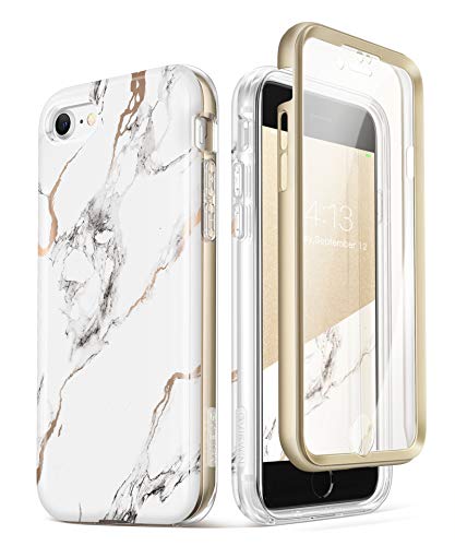 GVIEWIN Aurora+ Case Compatible with iPhone SE 2022 iPhone 8  iPhone 7, [Built-in Screen Protector] Full-Body Protection Stylish Slim Marble Cover Shockproof Bumper Case, 4.7 Inch (White Gold)