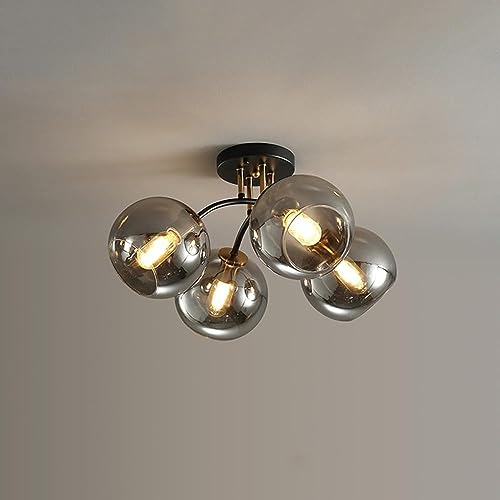 Plafonnier semi-encastré 6 globes en verre fumé et structure rétro noir et or pour chambre