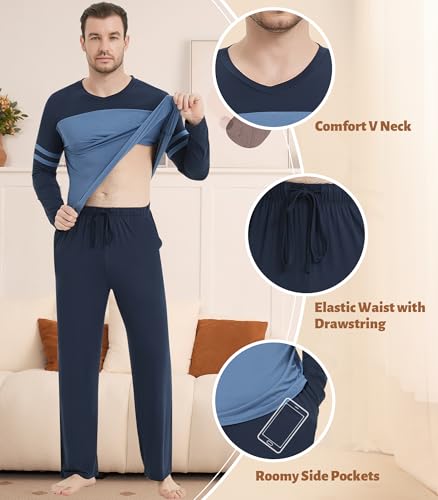 Image of NACHILA Mens Pajamas Set Viscose Made from Bamboo V Neck Top Sleep Pants | Elastic Waist with Drawstring,Soft ,Tagless Comfort,Moisture Wicking,All season Loungewear Set, Jogger Sweatpant,Match set