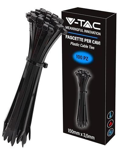 V-TAC Bridas para cables de plástico de 2,5 mm x 150 mm – Paquete de 100 unidades – Bridas para cableado multiusos – Sujetacables para electricista, mecánico, jardinería, color negro