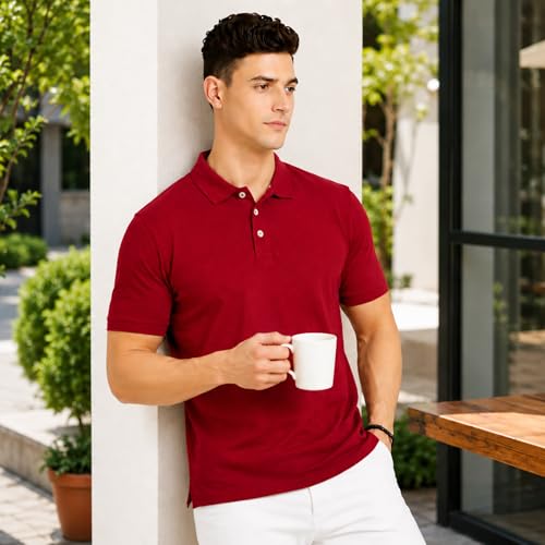 Image of Men's Plain Polo T-Shirt | Cotton Blend Regular Fit Casual Collar T-Shirt