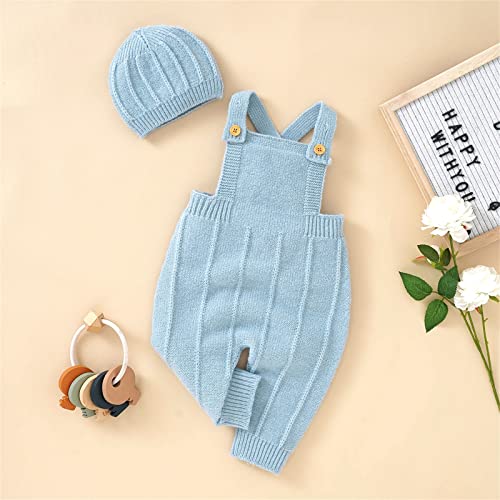 Newborn Baby Girls Boys Overalls Knit Jumpsuit Sleeveless Sweater Suspender Fall Winter Outfits Romper with Hat2