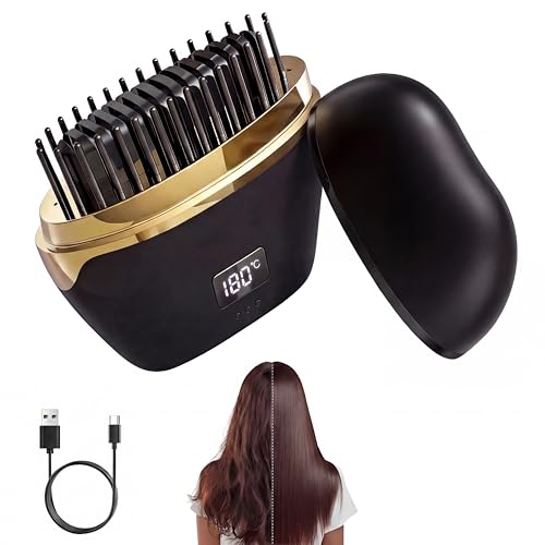 Mini Peine Alisador, Cepillo Alisador Ador Pelo, Mini Alisador de Cabello Portátil Recargable por USB, Plancha Pelo Portatil con 3 Niveles de Temperatura, Apta para Todo Tipo de Cabello (Negro)