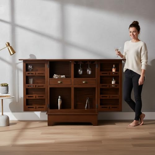 Image of APRODZ Mango Wood Downer Bar Cabinet with Wine Glass Storage for Living Room, Standard Brwon Finish