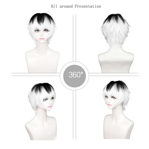Image of LABEAUTE Unisex Short White & Black Cosplay Wig Male Man Woman Anime Fluffy Cosplay Hair Wigs for Halloween Party + Free Cap