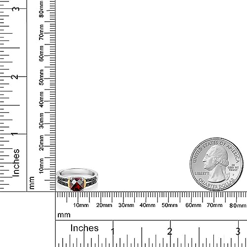 Gem Stone King 925 Silver and 10K Yellow Gold Red Garnet and Black Diamond Engagement Ring For Women (1.10 Cttw, Gemstone January Birthstone, Cushion Checkerboard 6MM, Available in Size 5,6,7,8,9)3