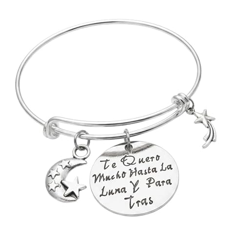 Bracelet Te Quiero Mucho Hasta la Luna y Para Tras Spanish I Love You to the Moon and Back Expandable Silver Plated Bangle Handmade Jewelry for Women Mother Daughter Gift