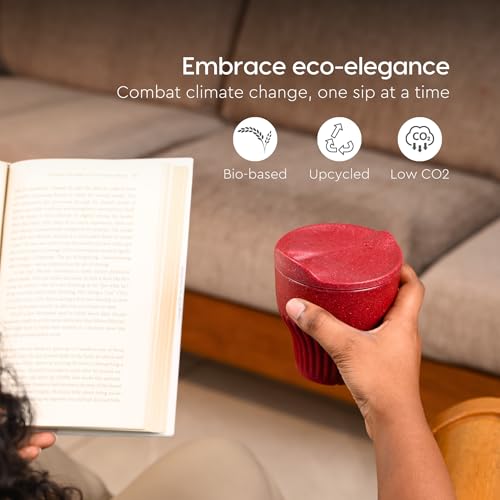 Image of Eha Earth Friendly Rafter Coffee Mug with Lid | Tea Cup Set | 250 ml | Made with Rice Husk | Microwave Safe Mugs for Gifting | 2 Unit | Coral