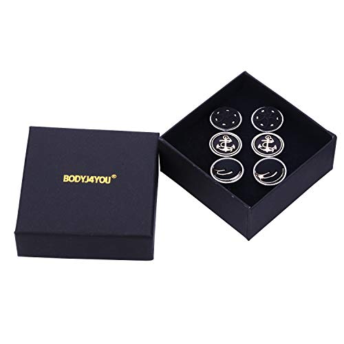 Bodyj4You 6Pcs Cufflinks Button Shirt Men Black Dome Silvertone Round Circle Jewelry Set Gift Box #TOP5