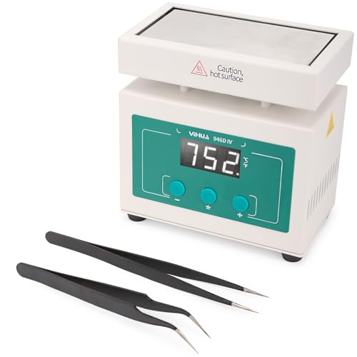 YIHUA 946D-IV Soldering Hot Plate Mini Size Rework Heater with 2 ESD-Safe Tweezers Adjustable Temp C/F Conversion PID Temp Control 100 * 50mm Aluminum Heating Plate