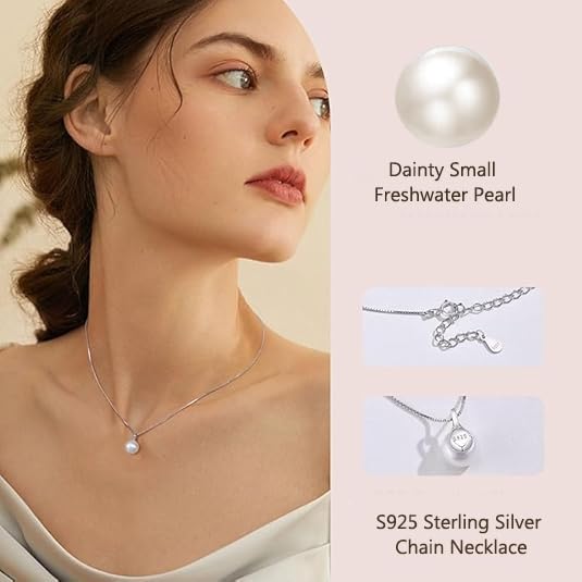 Freshwater Pearl Necklace for Women, S925 Sterling Silver Pearl Pendant Necklace Jewelry Gift, Mother Day Birthday Wedding Valentines Christmas Party 18K Dainty Single White Pearl Choker Necklaces for Mom Friends Grandma Daughter3