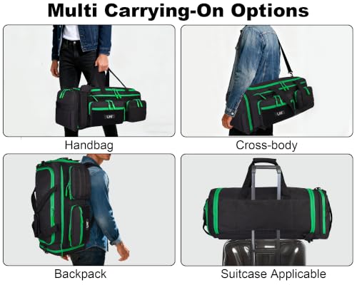 Image of LHI 50L Tactical Duffle Bag for Men, 3-in-1 Gym Duffle and Backpack, Shoe Compartment, Laptop Sleeve and MOLLE, Carry-On Travel Weekender and Overnight Bag - Black with green zippers