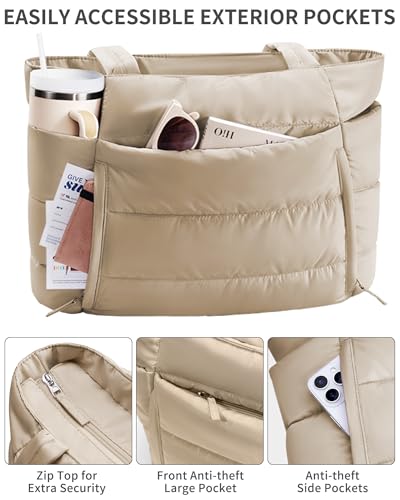 Image of Bagstellar Puffer Tote Bag for Women, Lightweight Puffy Work Handbag Teacher Nurse Quilted Shoulder Bag for School Travel Gym | Cloud Bag w / Zipper