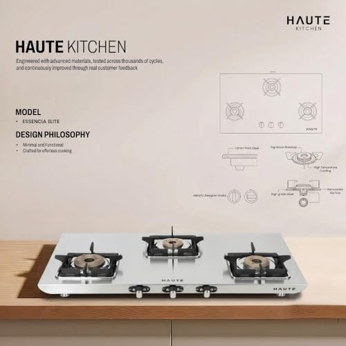 Image of Haute Essencia Elite series 3 Burner Manual Gas Stove | 1.2 MM Stainless Steel body 5 year warranty| Door Step service | 2 year product Warranty by Haute Home