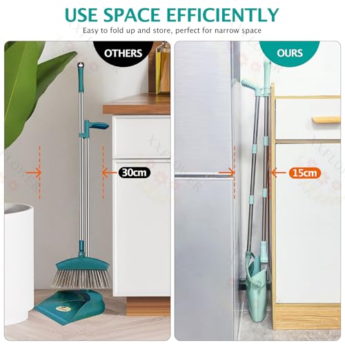XXXFLOWER Broom and Dustpan Set with Cleaning Teeth, 55" Long Handle Indoor Sweeping Combo for Home Office Kitchen, Bluish Green - Image 5