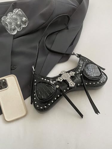 Verdusa Women's Y2k Studded Cross Shoulder Handbags Punk Top Handle Crescent Underarm Bags2