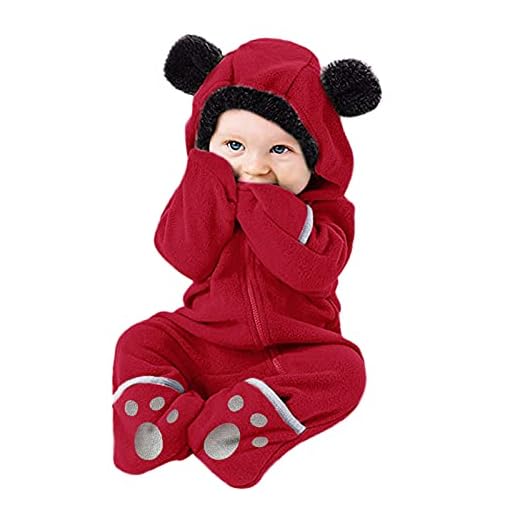 MRULIC Småbarn, sparkdräkt, pyjamas med huva, enfärgad, jumpsuit, öron, kläder, fleece, söt, overall, tröja, pojkar, flickor, födelsedag, present, röd, 90 cm