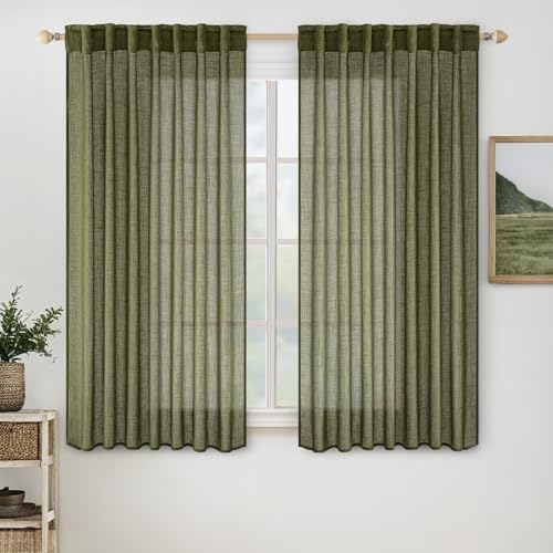 MIULEE Light Olive Green Linen Curtains 63 Inch Length 2 Panels for Bedroom Living Room, Soft Linen Textured Natural Kitchen Window Drapes Semi Sheer Light Filtering Back Tab Rod Pocket Burlap Look