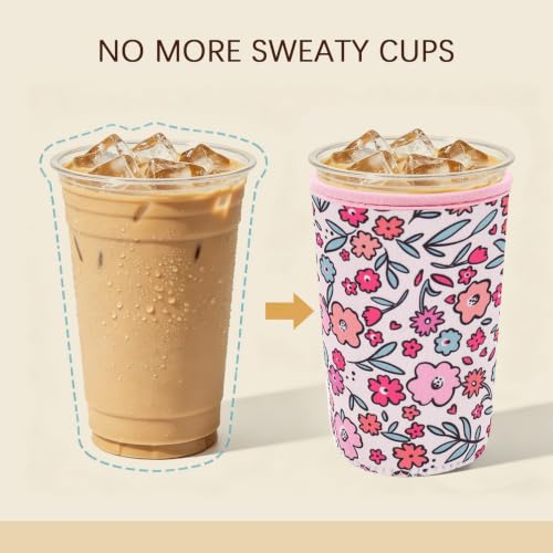 Image of Insulated Neoprene Cup Sleeve for Iced Coffee & Cold Soda - Reusable & Sweatproof, Keeps Drinks Cold Longer, Coffee Coolie for Hot & Iced Drinks (Pink Garden, Small: 16-18oz)
