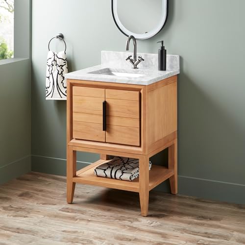 Signature Hardware 955226-24-rumb-1 Aliso 24" Console Teak Single Basin Vanity Set with Cabinet, Vanity Top, and Rectangular Undermount Sink - Single Faucet Hole - Natural Teak/Carrara