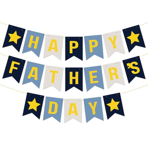 Image of Happy Father's Day Glitter Black Beer Bunting Banner for Dad Father's Party Decorations Backdrop Garland for Father's Day (Dark Blue Light Blue)