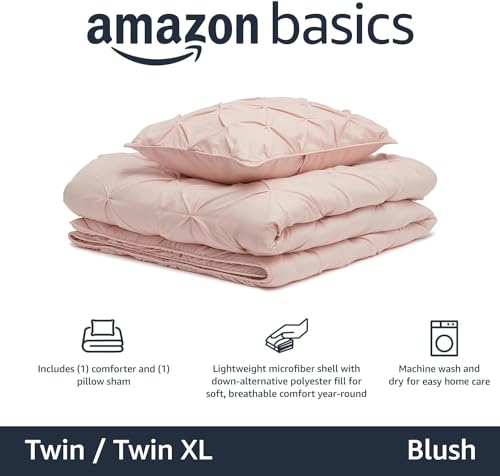 Image of Amazon Basics 2-Piece All-Season Soft Down-Alternative Comforter Bedding Set, Pinch Pleat Design with Piped Edges, Twin /TwinXL, Blush
