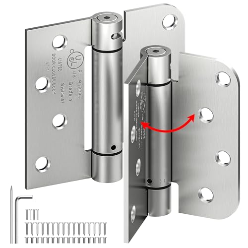 ISOKER 2-Pack Self Closing Door Hinges 4 Inch Spring Loaded Hinges with Square & 5/8 Radius Corners Adjustable Tension for Garage Front Back Door Left Right Hand Door UL Listed Brushed Nickel