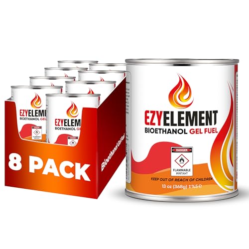 EZYELEMENT Gel Fuel for Indoor & Outdoor Use – Make The Smart Choice with a Non-Toxic, Clean-Burning Bioethanol Gel Fuel That Creates a Beautiful Real-Flame Glow (8 Pack, 13oz/368g)