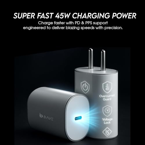 Image of BAVE 45W PPS PD 3.0 Fast Charger with Type-C to Type-C Cable | Compatible with Nothing Phone 3a, 3a Pro, 2a, 2, 1 & CMF Phone 1 | USB-C Power Adapter with Power Delivery Support | White