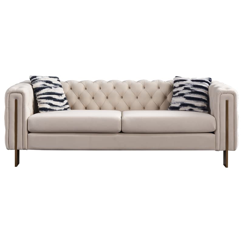 Image of KEIKI 84 inch Chesterfield Velvet Tufted Button Sofa with Removable Cushions and 2 Toss Pillows, Modern 3-Seater Couch with 4 Gold Metal Leg, Easy Assembly, for Living Room, Bedroom, Apartment, Cream
