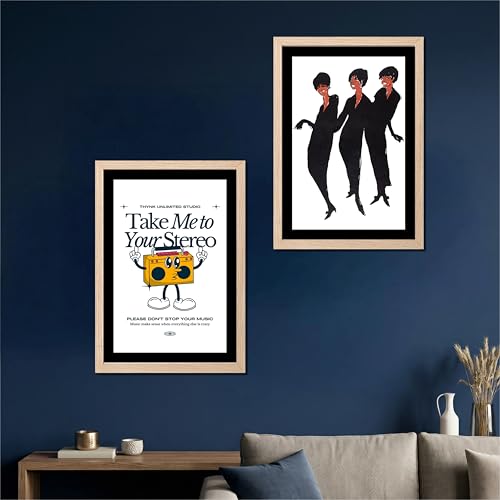 Image of NoWorries Retro Music and Fashion Disco Art Wall Painting | Vintage Stereo Quote & Dancing Silhouette Posters Frames | Premium 300 GSM Paper Print with Synthetic Wooden Frame | Modern Aesthetic Wall Decor for Living Room, Bedroom, Music Room & Office (Set of 2) (NATURAL, ART-6, 13X19INCHES)
