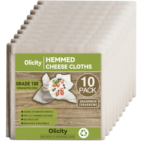 Image of Olicity Cheese Cloths, Grade 100, 20x20Inch Hemmed Cheese Cloth for Straining Reusable, 100% Unbleached Precut Cheesecloth Strainer Muslin Cloth for Cooking, Juicing, Baking, Cheese Making - 10 Pieces