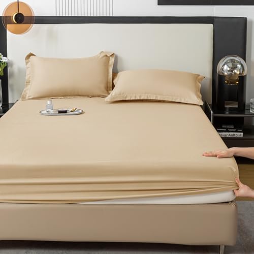 Image of All Around Brushed Microfiber Single Bed Fitted Sheet - (36 x 78) Inches - 8'' Deep Pocket Elastic Fitted Bedsheet + 1 Pillow Cover 400 Series Extra Soft & Easy Fit - Beige