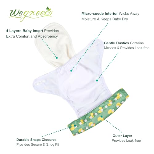 Image of Wegreeco Cloth Diapers 6 Pack with Inserts & Wet Bag, Washable Reusable Diapers for Babies, One Size Adjustable (Yellow Ducks)