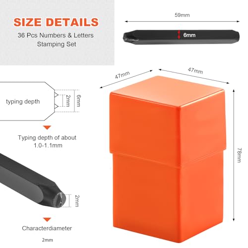 Gueenky 36 Stück Schlagzahlen Set, 2mm Schlagbuchstaben Set, Alphabet A-Z Nummer 0-9, Schlagbuchstaben Metall, Schlagstempel Zahlen zum Stempeln von Metall Kunststoff Holz Leder